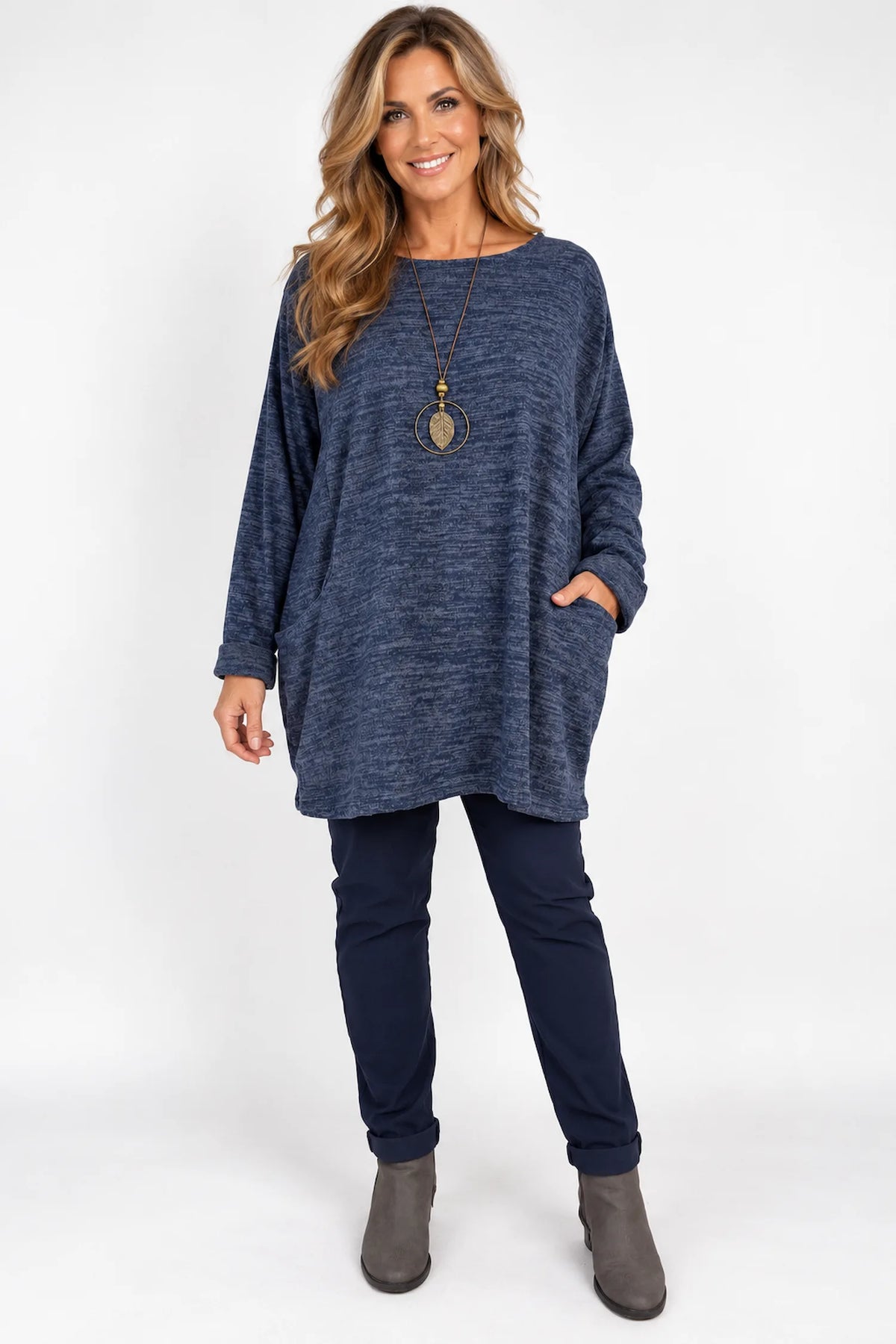 Arabella Tunic Double Pocket Necklace Top - Fleck Midnight Blue