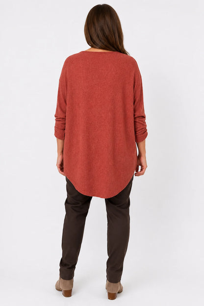 Fine Knit Button Sleeve Batwing Angelica Top - Spice Terracotta