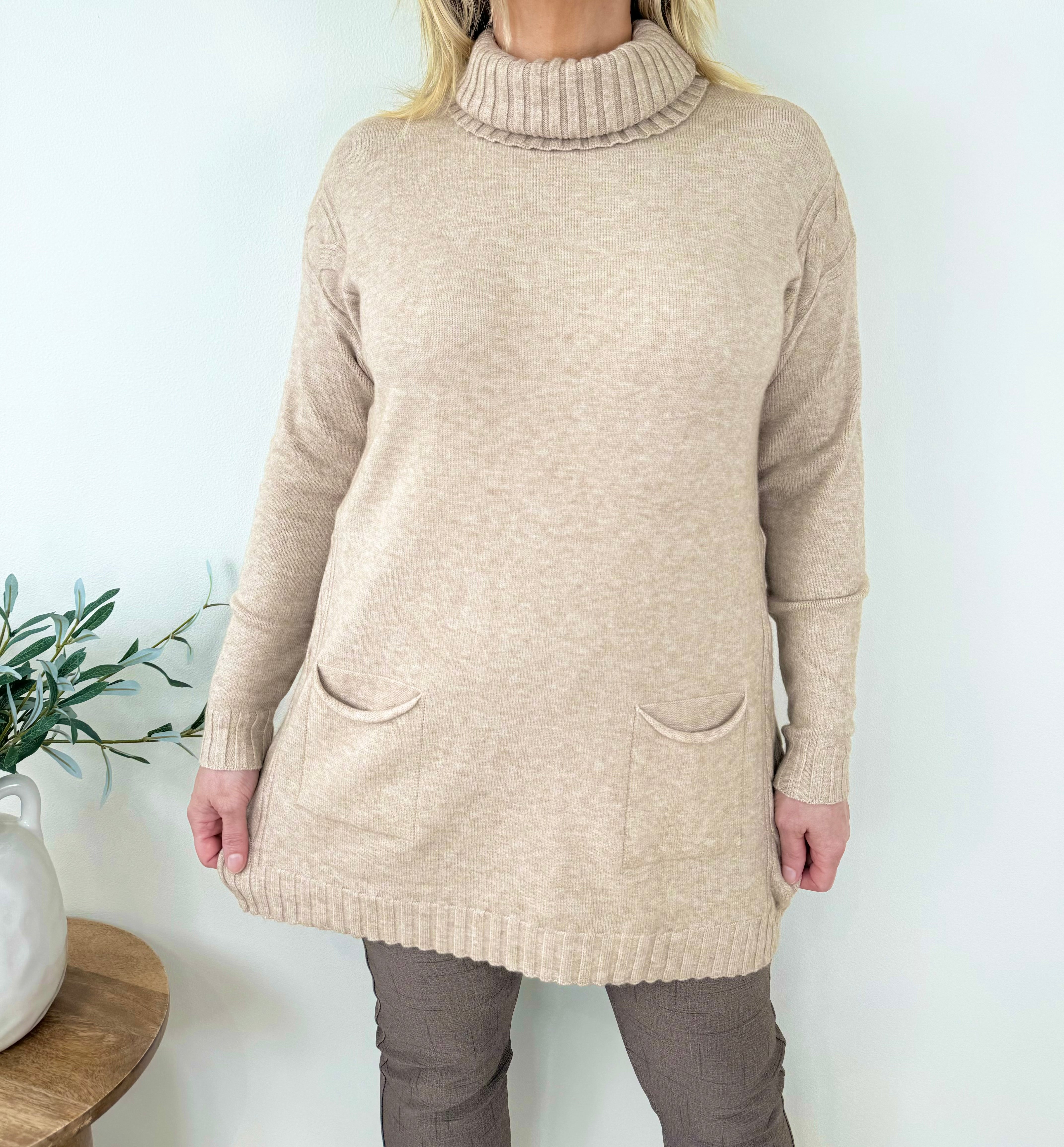 Cosy Knit Double Pocket Roll Neck Jumper