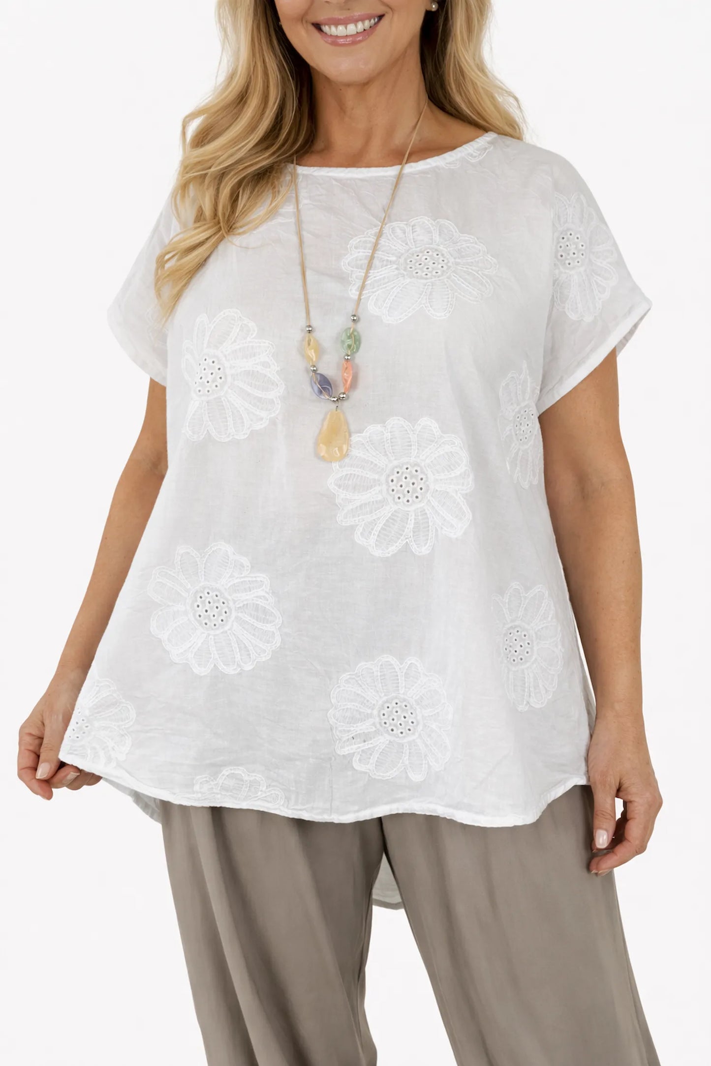 Pure Cotton Embroidery Anglaise Flower Amara Necklace Top - White