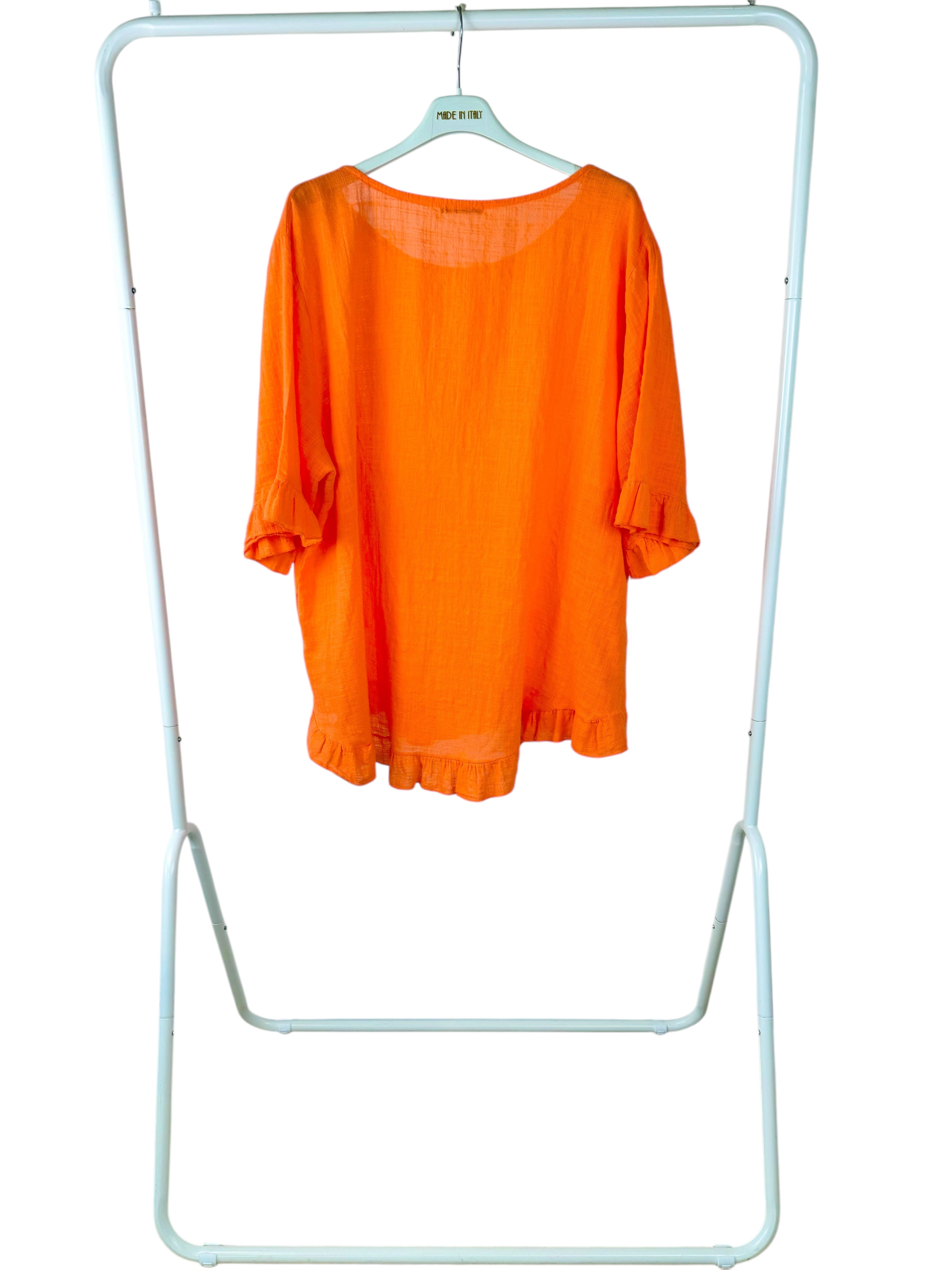 Pure Cotton Linen Look Frill Top - Orange