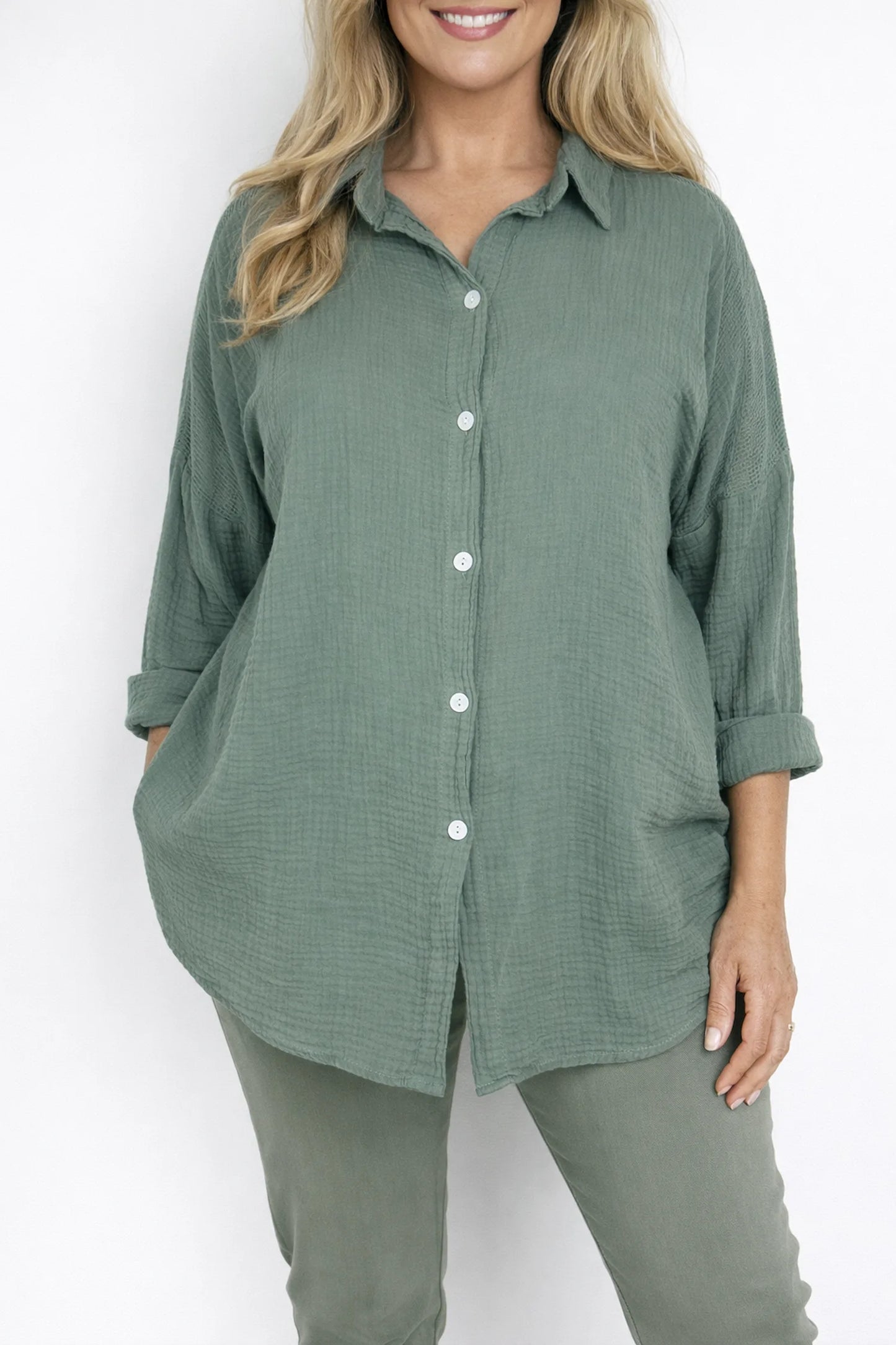 Pure Bubble Cotton Mesh Sleeve/Back Detail Celeste Button Shirt - Khaki