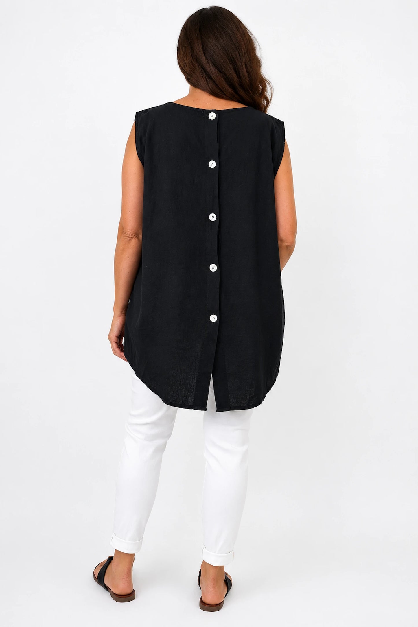 Linen Cotton Mix Button Back Embroidered Crochet Pocket Primrose Vest - Black