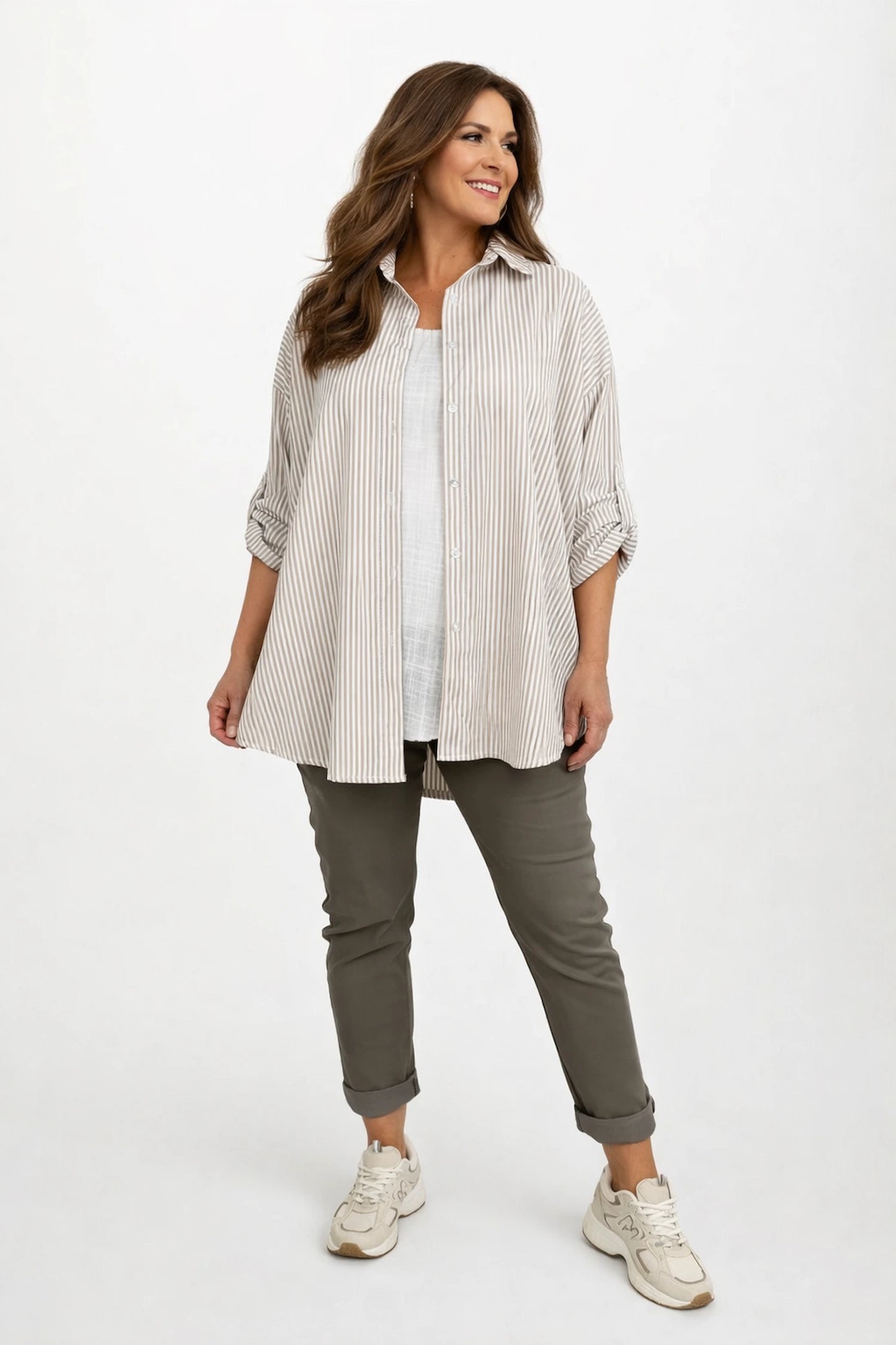 Cotton Button Sleeve Marnie Stripe Button Shirt - Beige