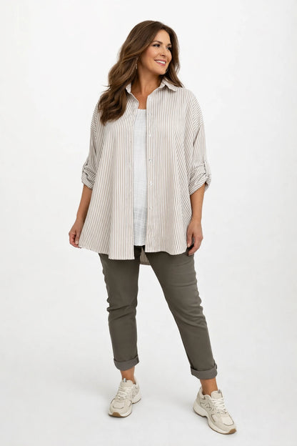 Cotton Button Sleeve Marnie Stripe Button Shirt - Beige