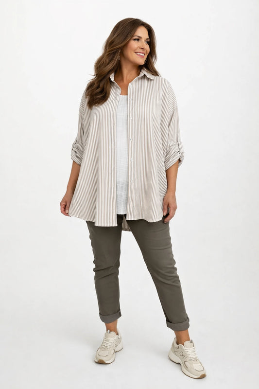 Cotton Button Sleeve Marnie Stripe Button Shirt - Beige