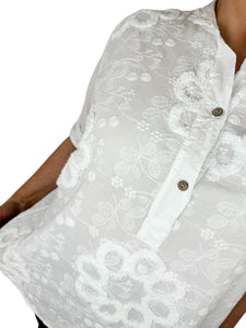 Pure Cotton Embroidery Anglaise Riviala Button Sleeve Shirt - White