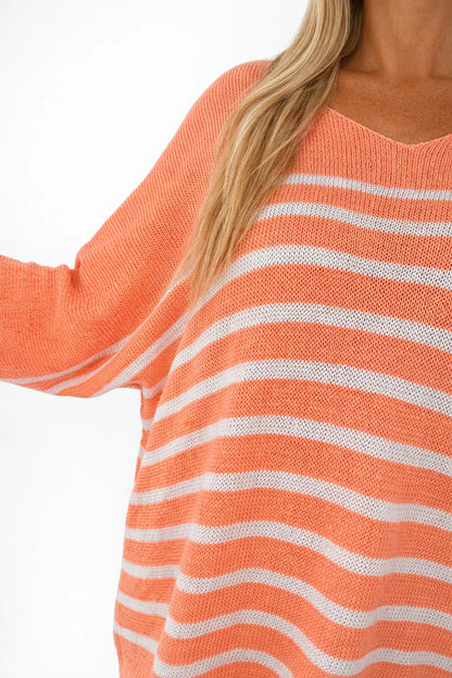 Cotton Serena Stripe Spring Knit Top - Apricot Coral