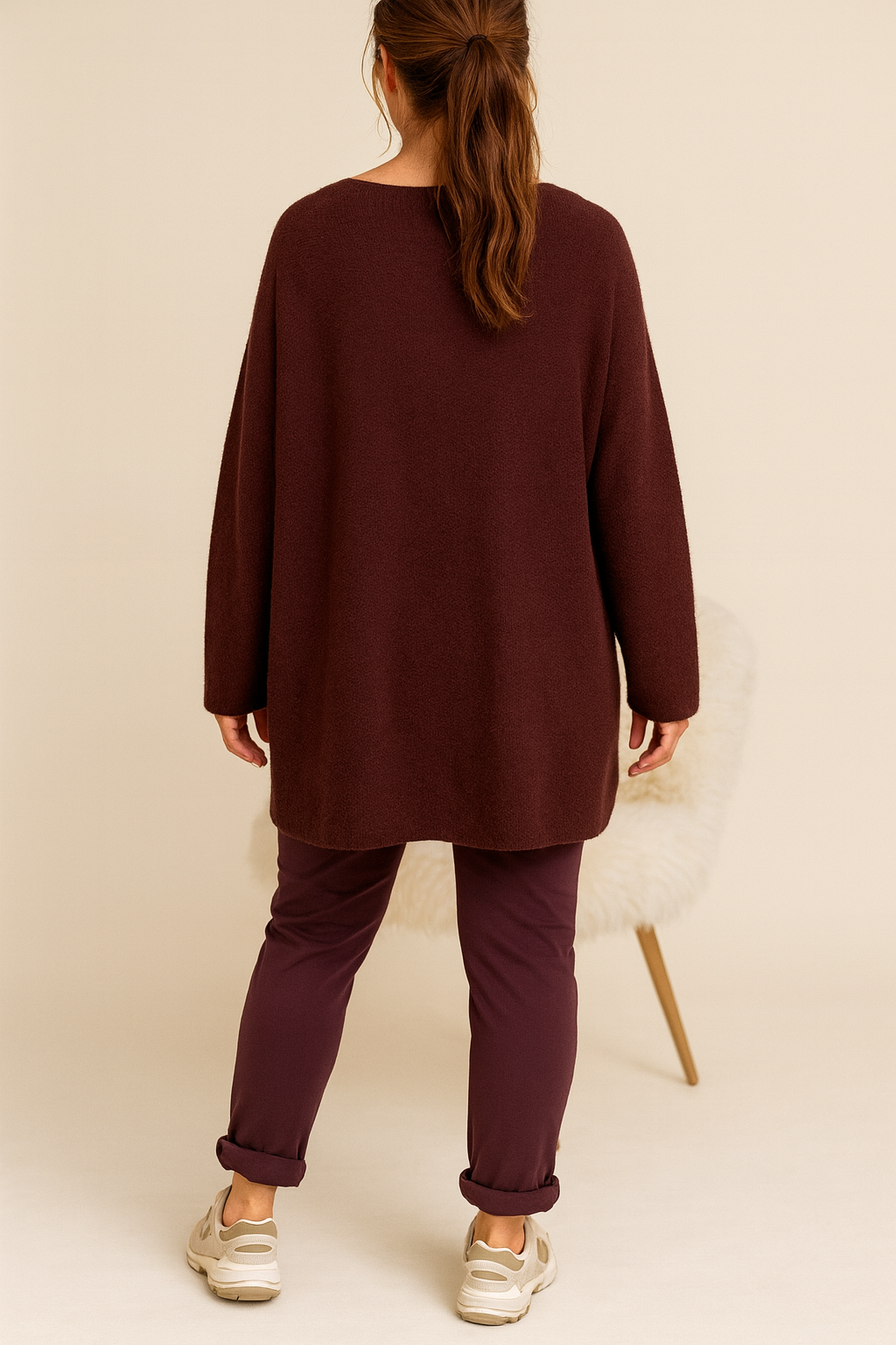 Pure Cotton Allegra Fine Knit Seam Sleeve Detail Jumper - Cherry Brown