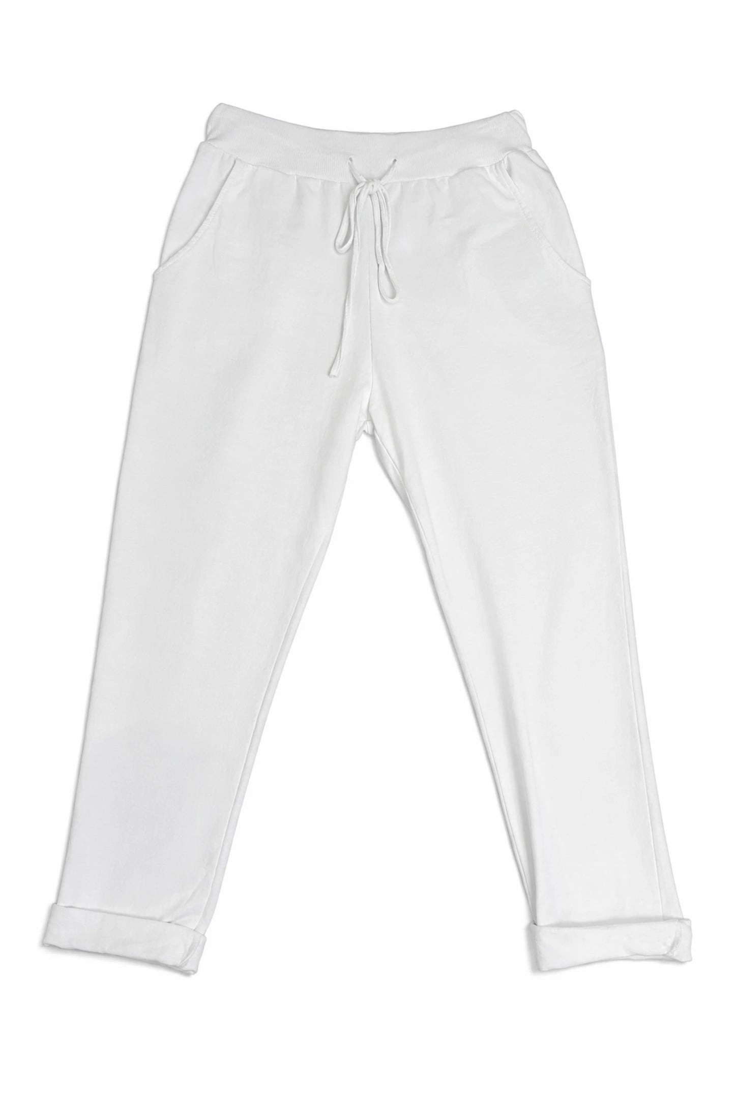 Cotton Elasticated Waist Drawstring Double Pocket Italia Joggers - White