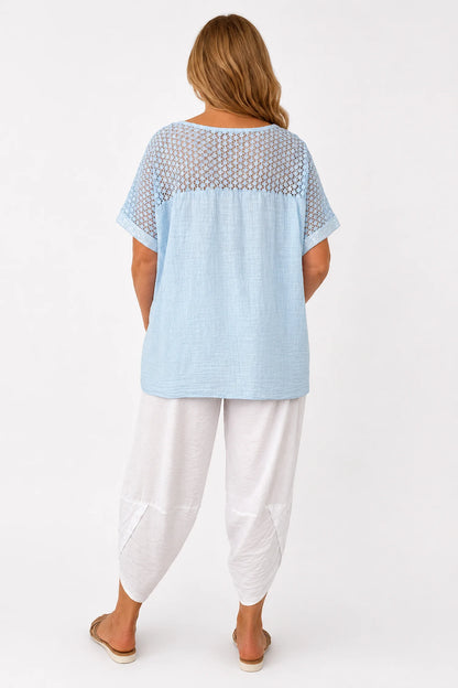 Cotton Crochet Detail Embroidery Anglaise Sequin Hem/Sleeve Selina Top - Baby Blue