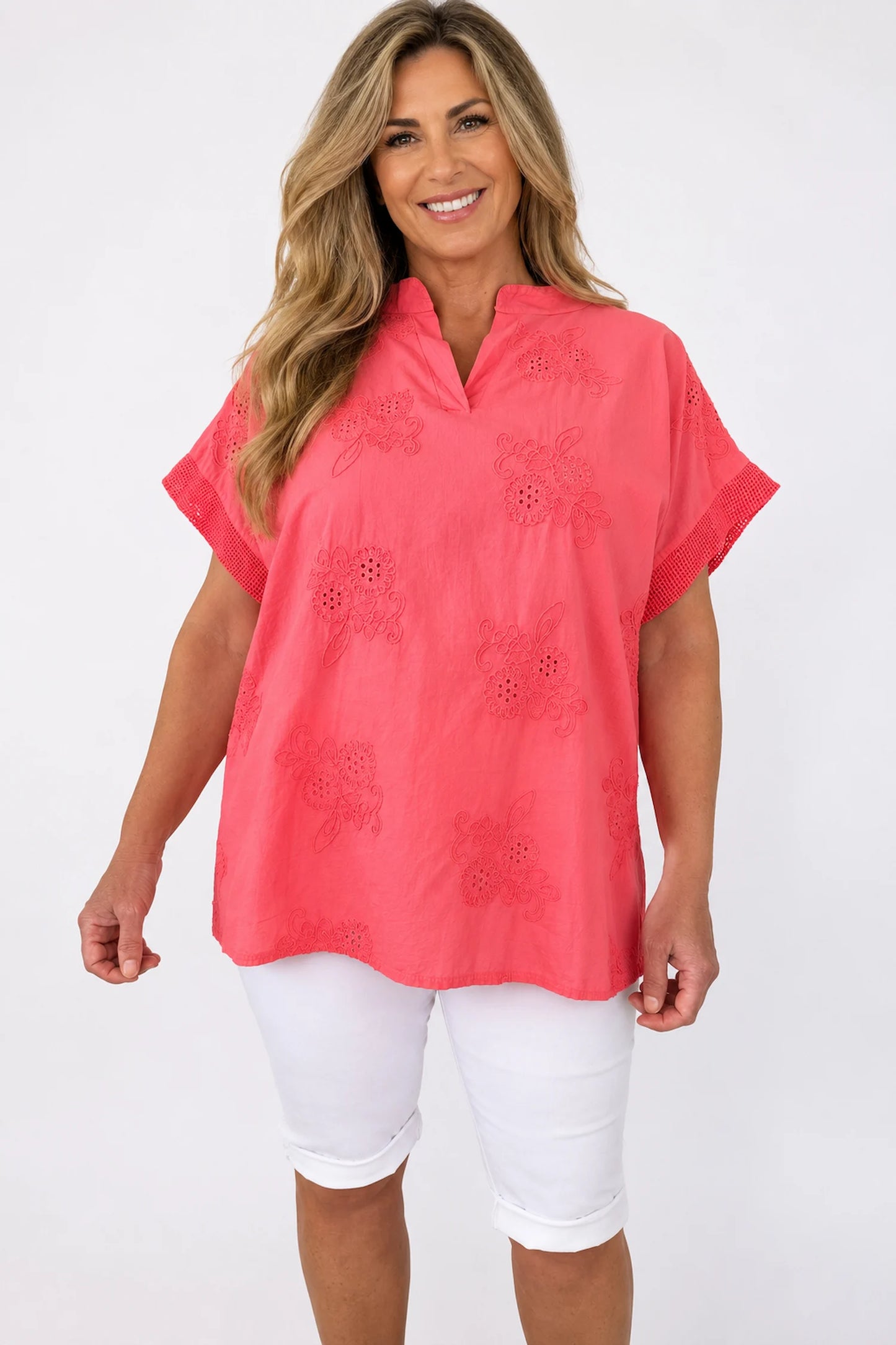Pure Cotton Embroidered Floral Detail Mesh Sleeve/Back Lucia Shirt - Watermelon