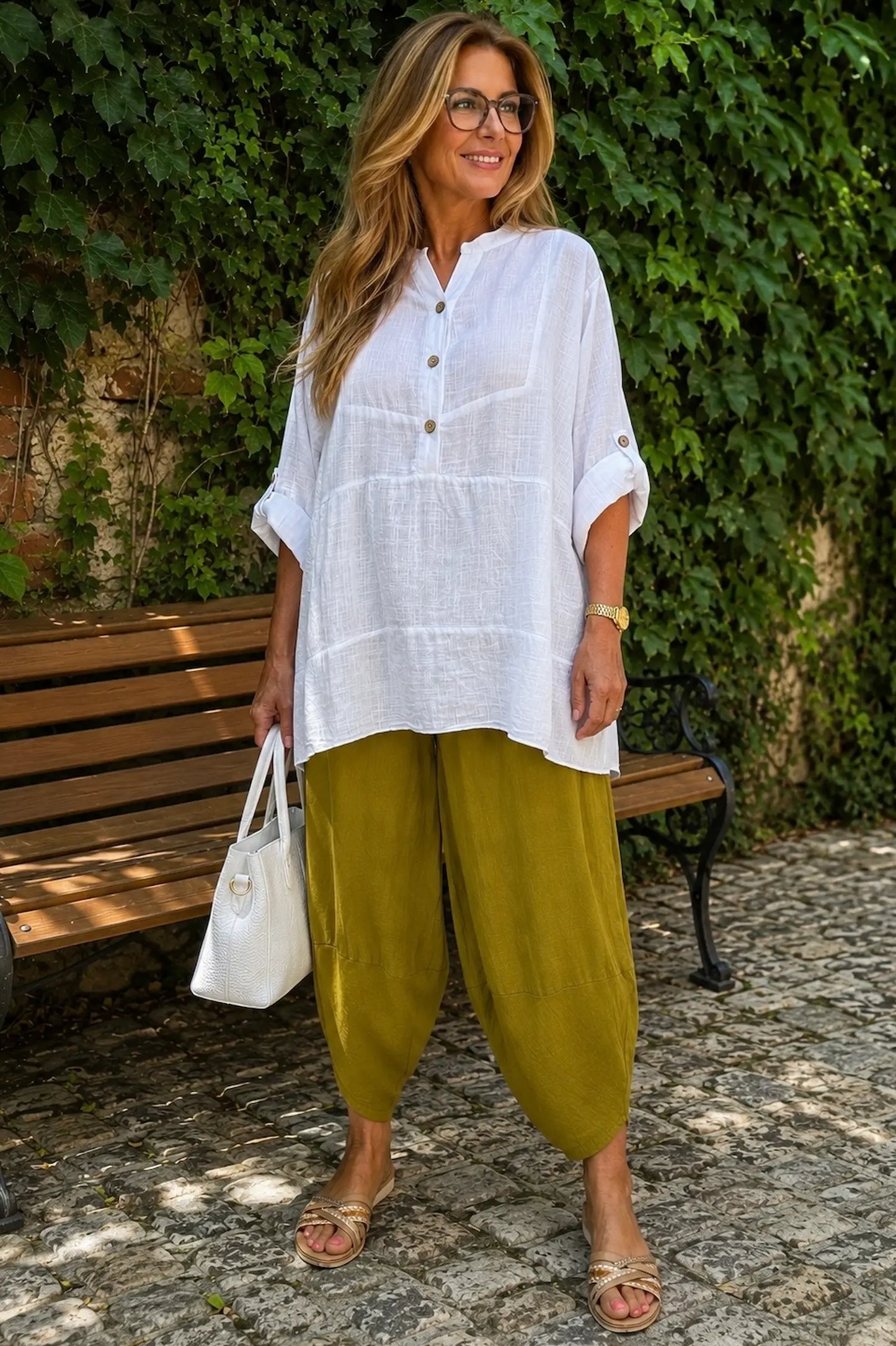 Linen Cotton Blend Button Sleeve Monica Button Shirt - White