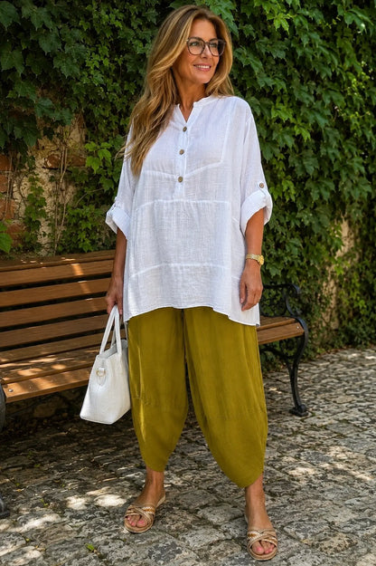 Linen Cotton Blend Button Sleeve Monica Button Shirt - White