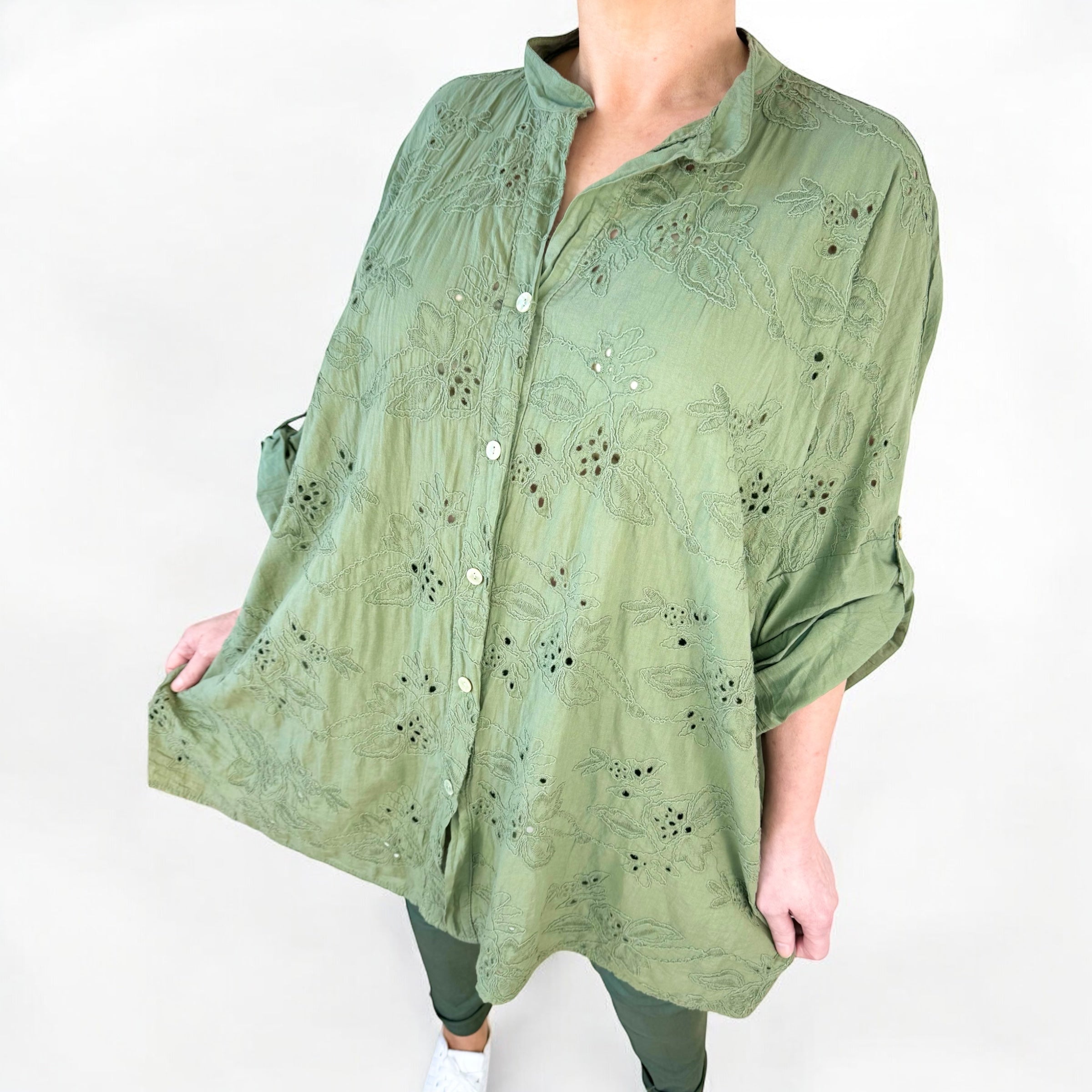 Cotton Oversized Embroidery Anglaise Button Sleeve Shirt - Khaki