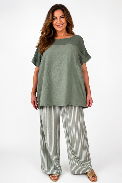 Linen Cotton Mix Mesh Detail Amalfi Pocket Top - Khaki