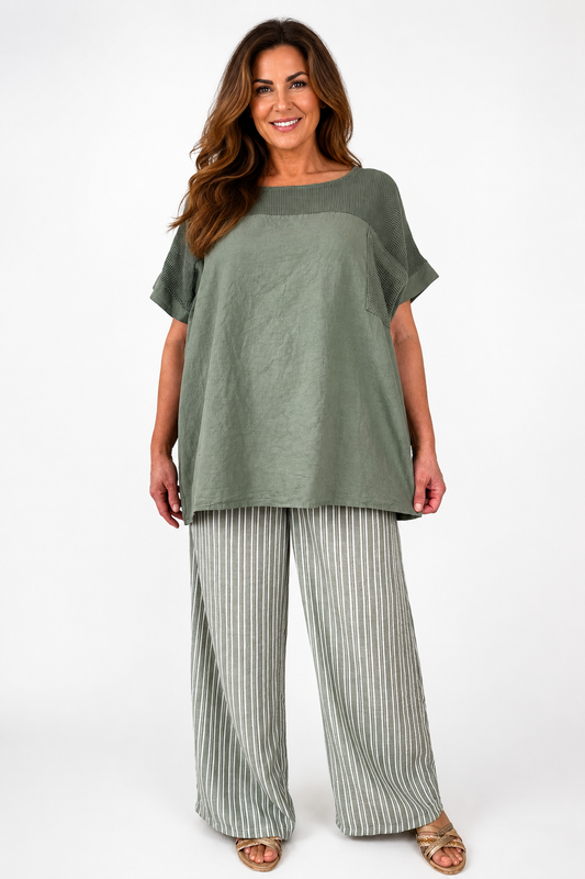 Linen Cotton Mix Mesh Detail Amalfi Pocket Top - Khaki