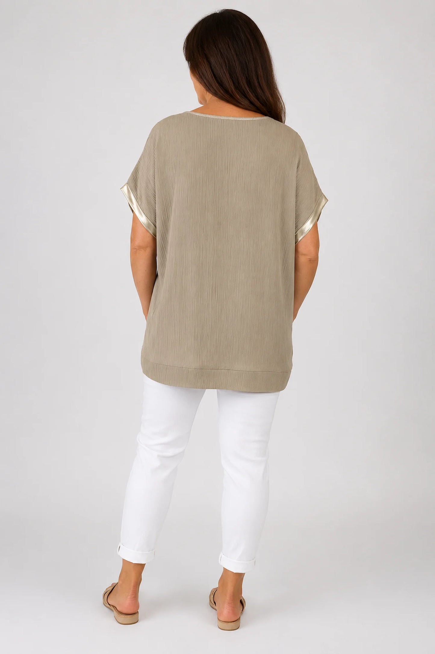Lightly Textured Golden Diamanté Clover Gold Trim Diana Top - Mocha