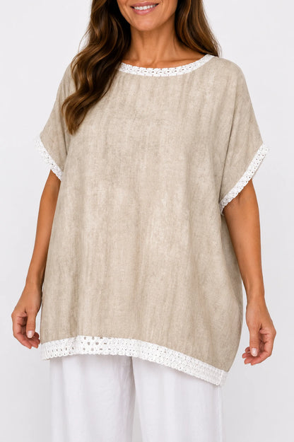 Crochet Lattice Trim Lightly Textured Marsi Top - Washed Beige