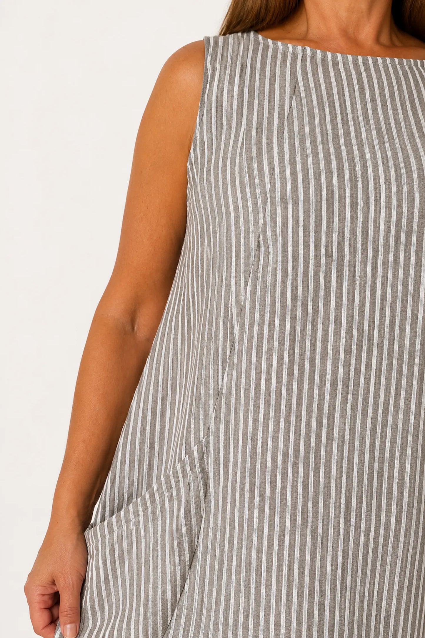 Cotton Double Pocket Pinstripe Elizabeth Dress - Mocha