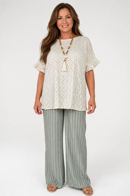 Lightly Textured Frill Sleeve Giana Necklace Top - Beige
