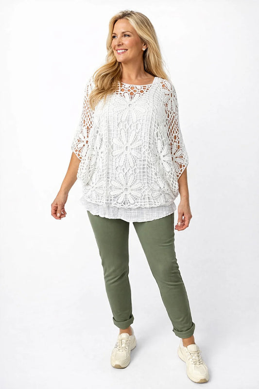 Pure Cotton Francesca Floral Crochet - White