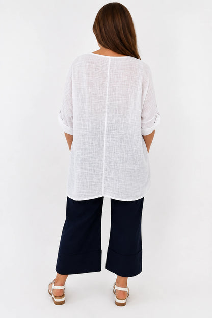 Pure Cotton Button Sleeve Crochet Detail Dalia Top - White