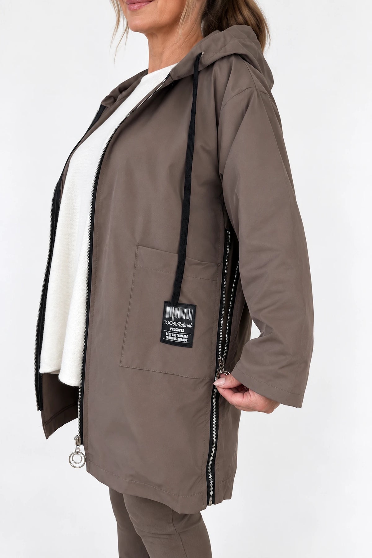 Double Pocket Badge Detail Adjustable Fit Side Zip Florenzi Lightweight Coat - Mocha