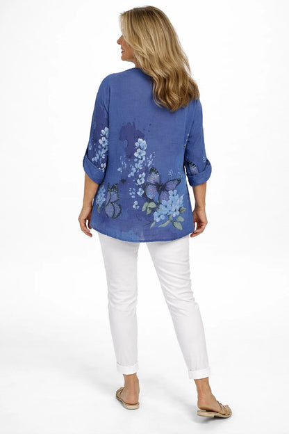 Pure Cotton Button Sleeve Button Detail Talia Shirt - Deep Denim