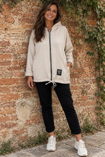 Badge Detail Drawstring Hem Double Pocket Viera Zipped Hooded Jacket - Beige