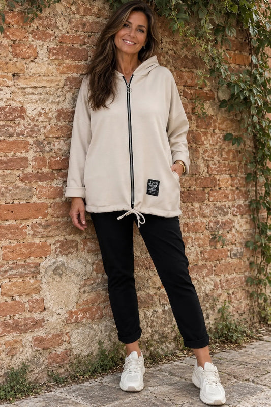 Badge Detail Drawstring Hem Double Pocket Viera Zipped Hooded Jacket - Beige
