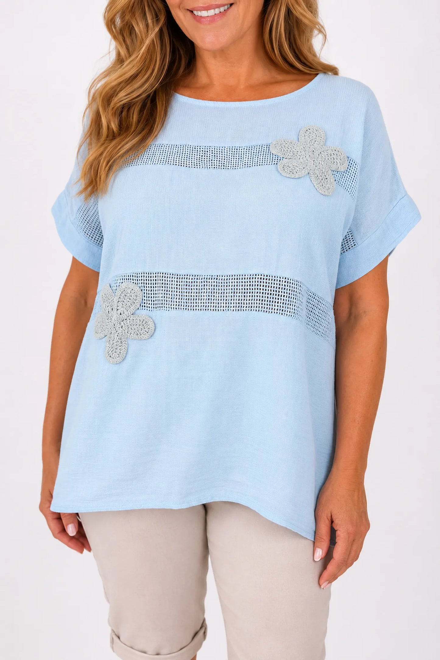 Pure Cotton Embroidered Flower Mesh Detail Capari Top - Baby Blue
