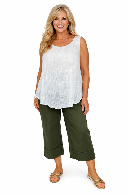 Stretch Wide Leg Capri Double Pocket Cuff Trouser - Khaki