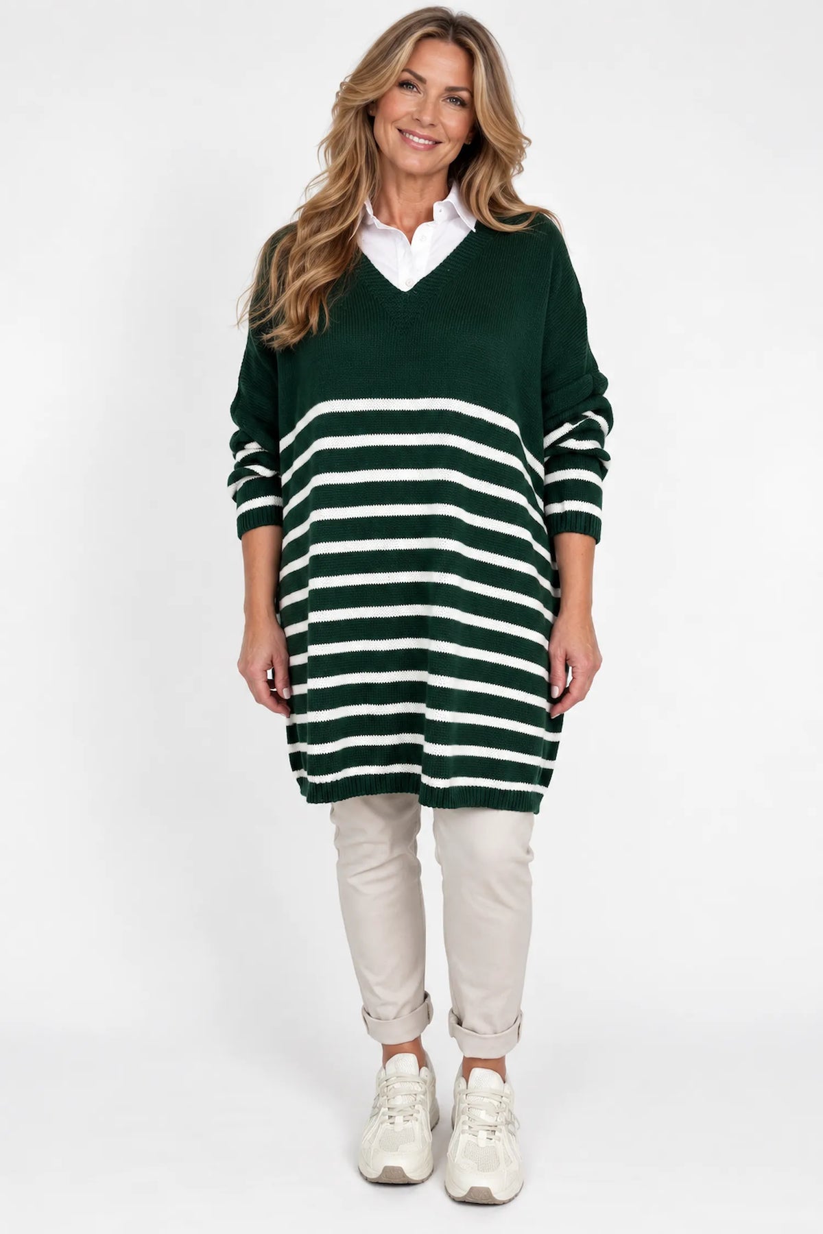 Wool Mix Stripped Diana Top - Emerald Green