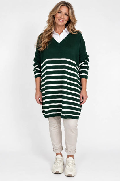 Wool Mix Stripped Diana Top - Emerald Green