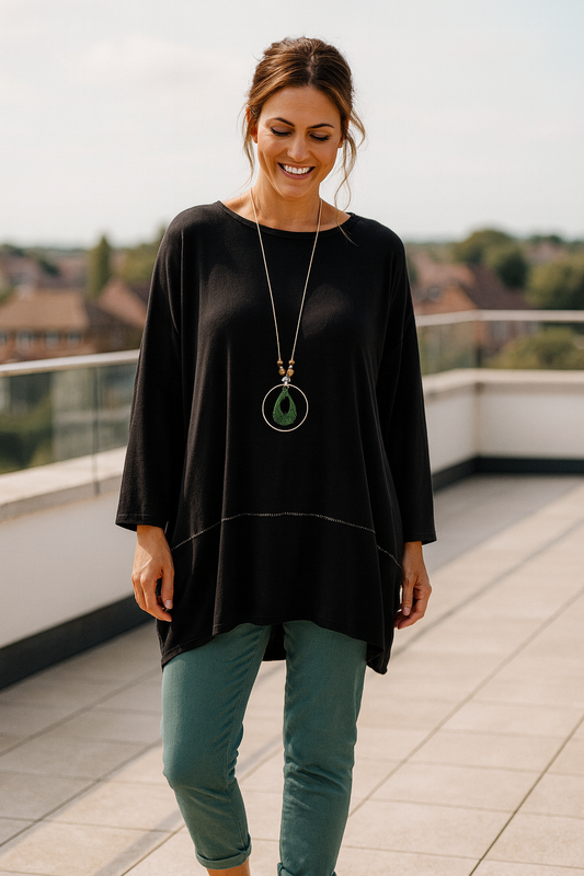 Soft Knit Silver Line Diana Necklace Top - Black