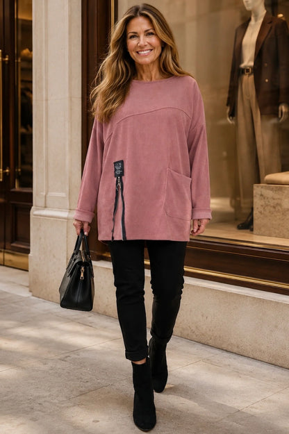 Zipped Hem Badge Detail Ciello Chenille Pocket Top - Rose Pink