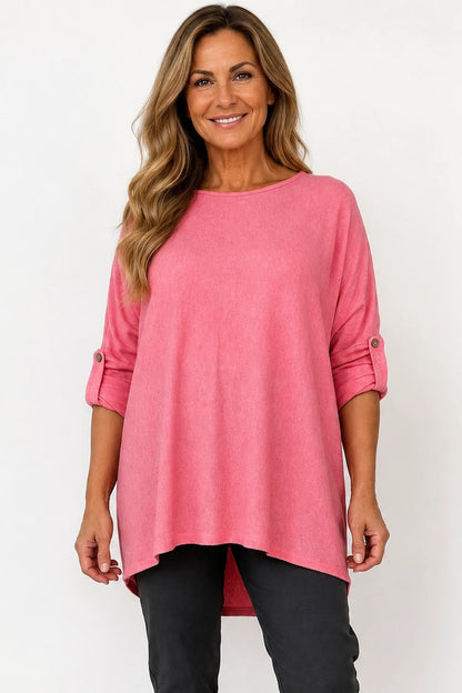 Fine Knit Button Sleeve Batwing Angelica Top - Amalfi Rose