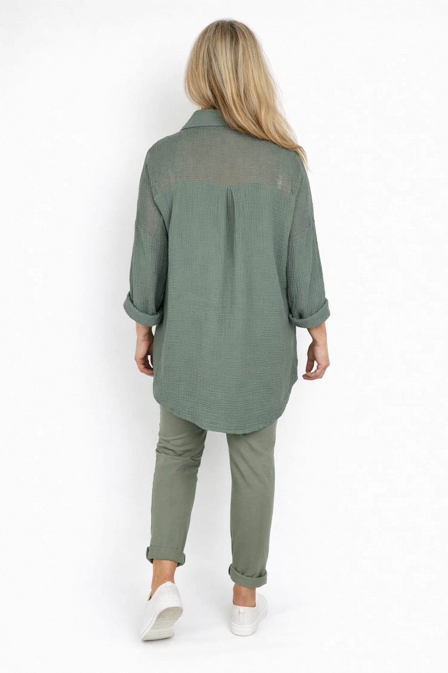 Pure Bubble Cotton Mesh Sleeve/Back Detail Celeste Button Shirt - Khaki
