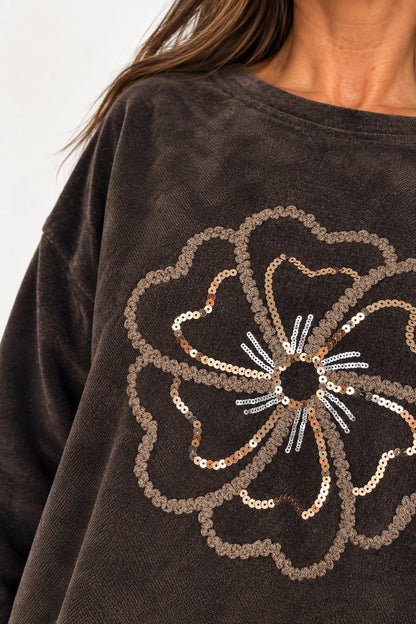 Embroidered Clover Kiki Chenille Tied Hem Top - Chocolate