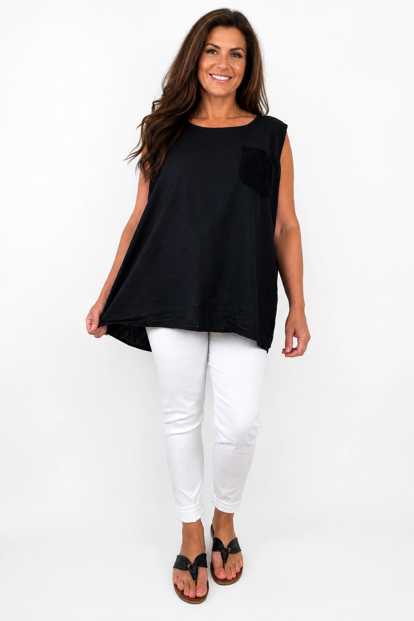 Linen Cotton Mix Button Back Embroidered Crochet Pocket Primrose Vest - Black