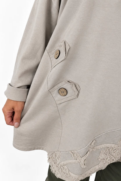 Cotton Button Detail Embroidery Anglaise Needlecord Hem Italia Top - Beige