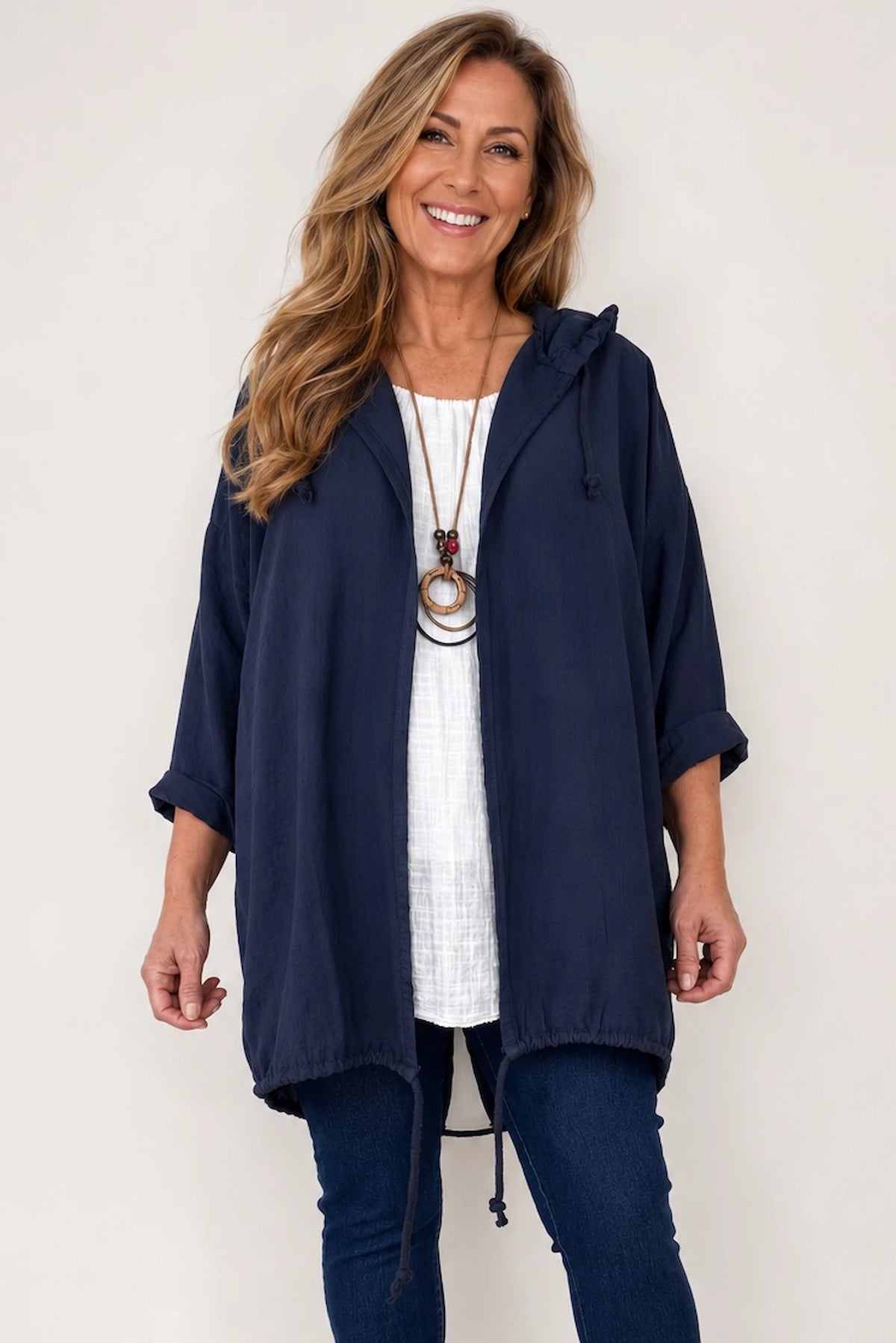 Drawstring Hem Lightweight Hooded Amirella Jacket - Navy