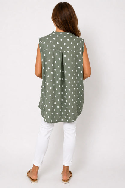 Polka Dot Valentina Button Cap Sleeve Top - Khaki