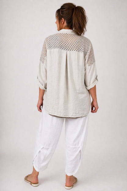 Mesh Detail Double Flap Button Sleeve Florence Button Shirt - Stone