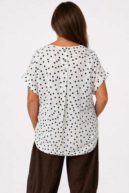 Button Back Polka Dot Maggie Top - White/Chocolate