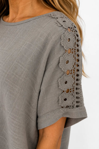 Pure Cotton Embroidered Crochet Sleeve Amira Top - Mocha
