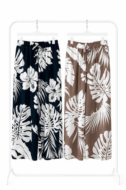 Tropical Print Polly Elasticated Waist Wide Leg Pants - Mocha