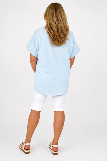 Pure Cotton Floral Embroidery Anglaise Clarissa Top - Baby Blue