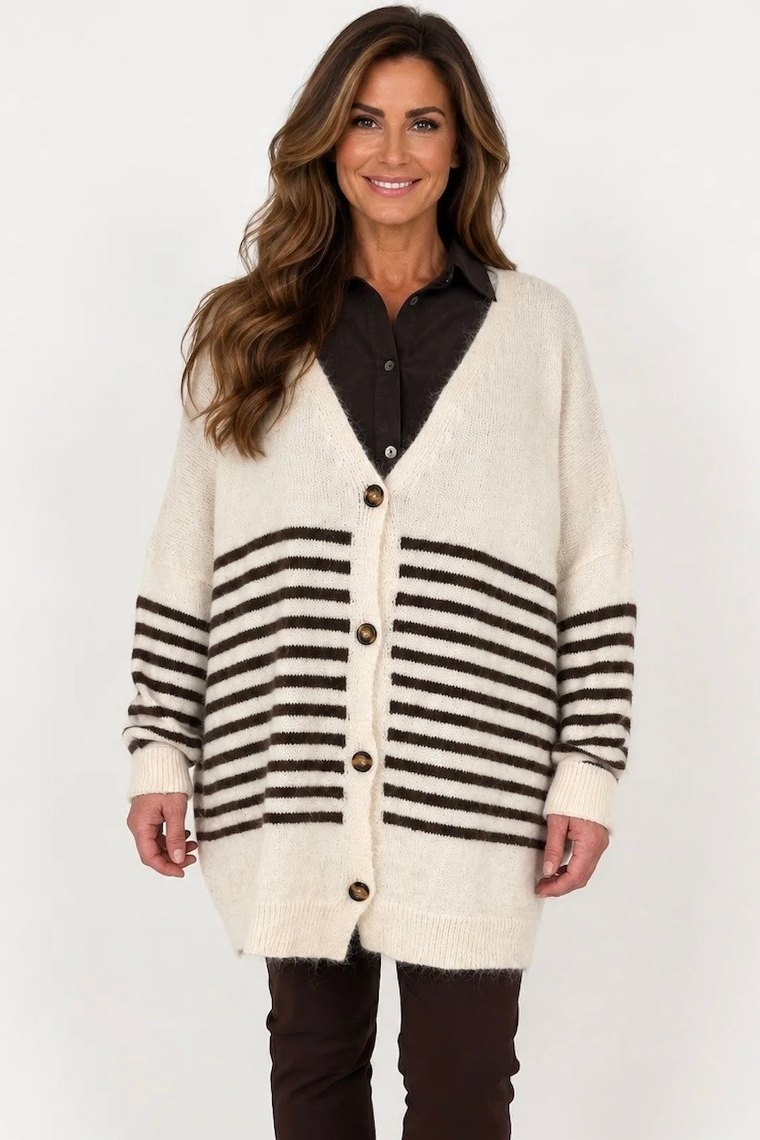 Wool Mix Perla Stripe Button Cardigan - Beige